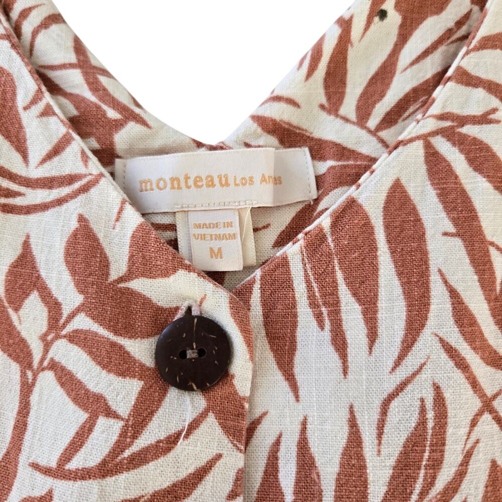 Monteau Rust Cream Tropical Leaf Linen Blend Romper Belted V‑Neck Size M